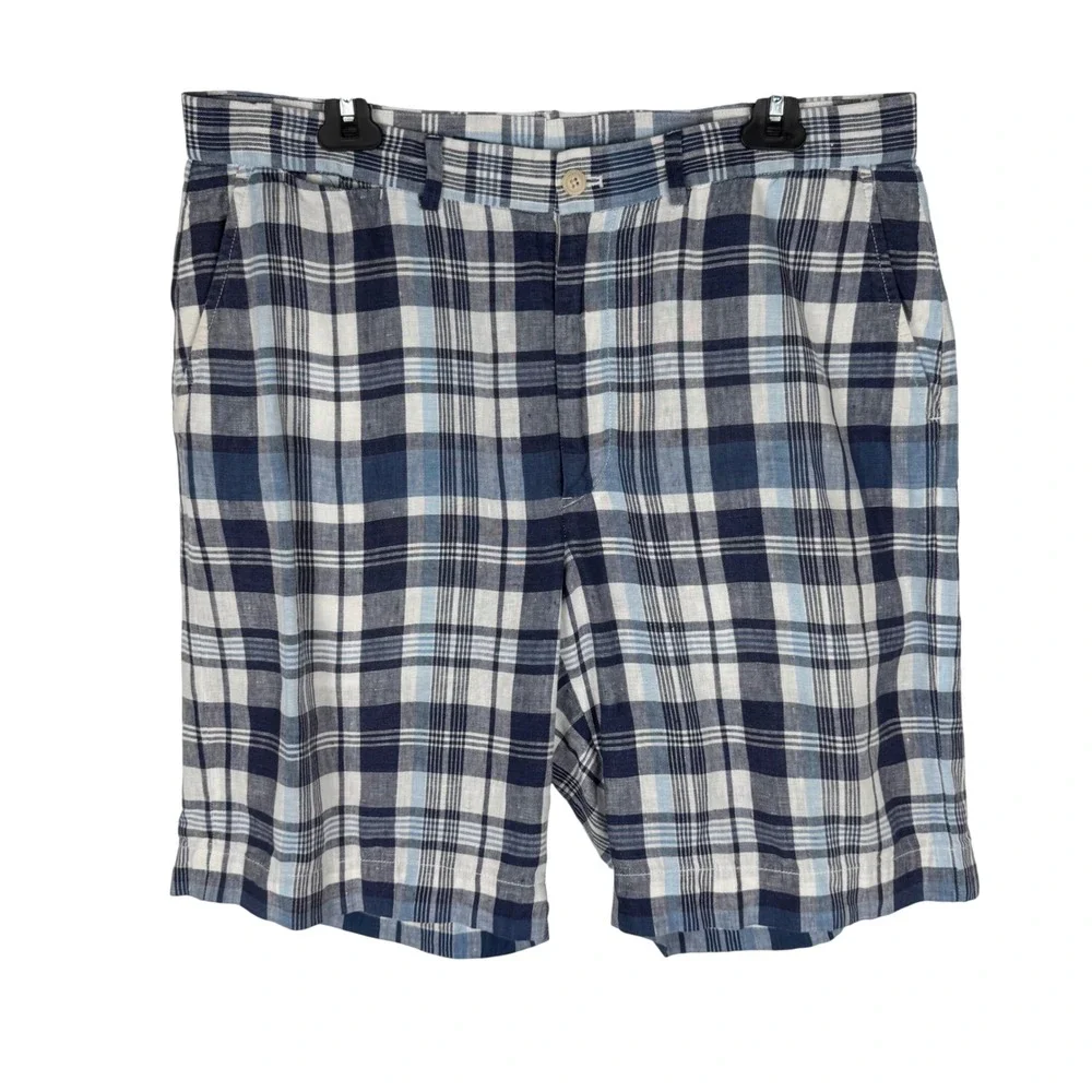 Polo Golf Ralph Lauren Plaid 100% Linen Shorts Mens 36W Blue White Flat Front 9